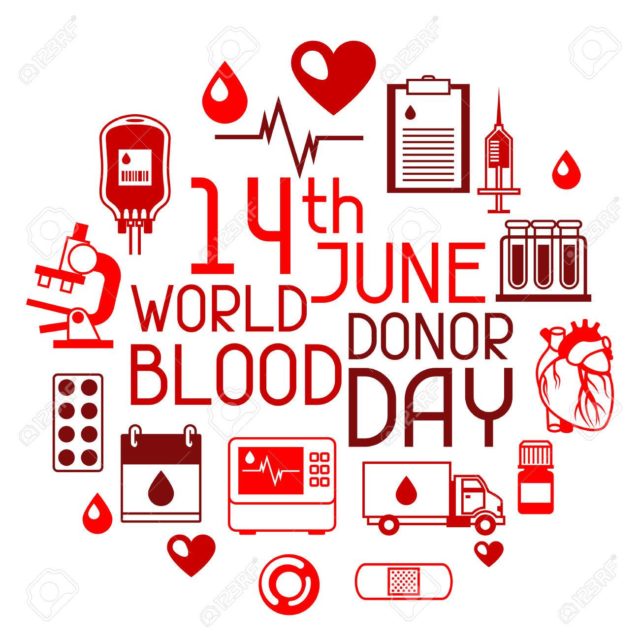 14t June world blood donor day. Background with blood donation items. Medical and health care objects